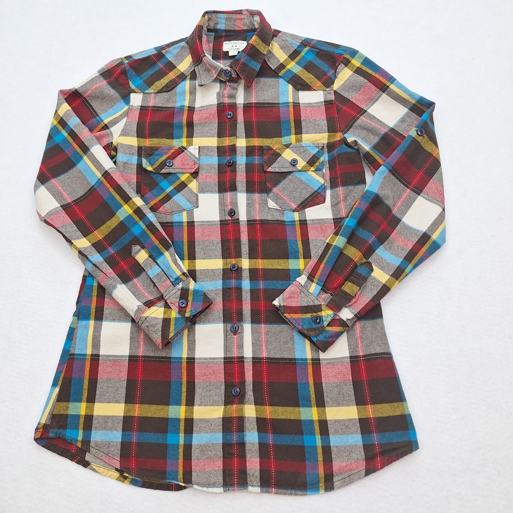 MATCHSTICK Shirt Womens Small Brown Blue Plaid Long Sleeve‎ Button Down Cotton